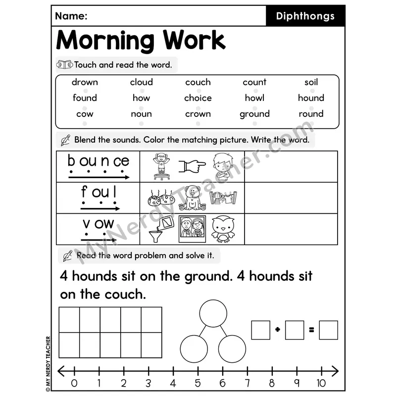 Morning Work Diphthongs - Decodable Words, Sentences and Word Problems to 10