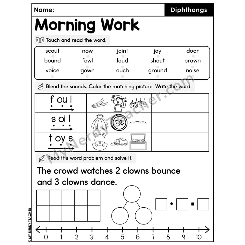 Morning Work Diphthongs - Decodable Words, Sentences and Word Problems to 10