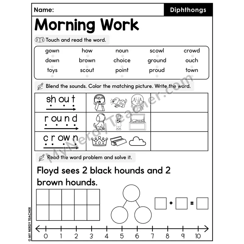 Morning Work Diphthongs - Decodable Words, Sentences and Word Problems to 10