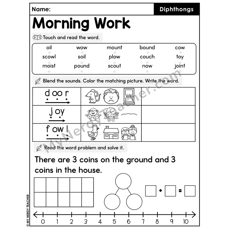 Morning Work Diphthongs - Decodable Words, Sentences and Word Problems to 10