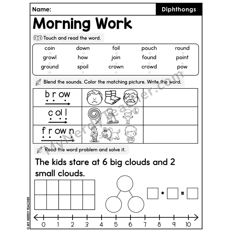 Morning Work Diphthongs - Decodable Words, Sentences and Word Problems to 10