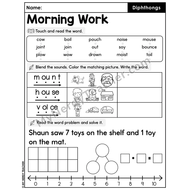 Morning Work Diphthongs - Decodable Words, Sentences and Word Problems to 10