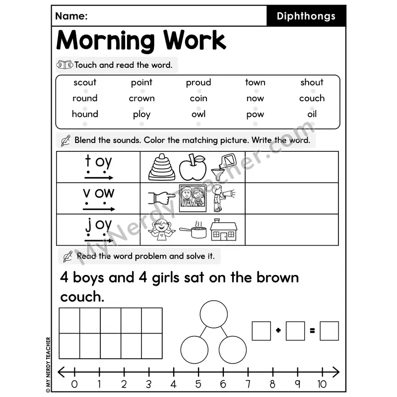 Morning Work Diphthongs - Decodable Words, Sentences and Word Problems to 10