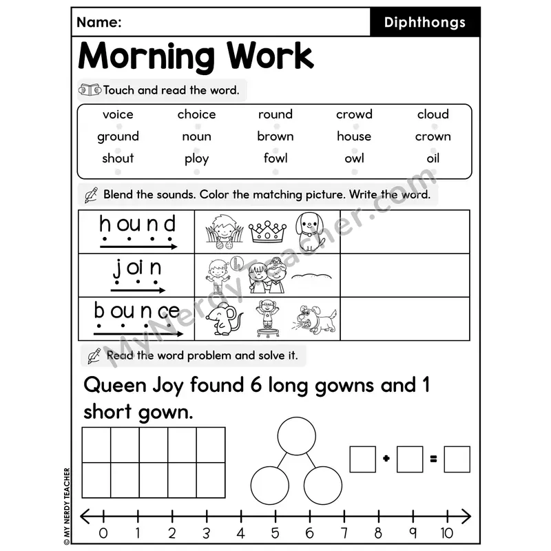 Morning Work Diphthongs - Decodable Words, Sentences and Word Problems to 10