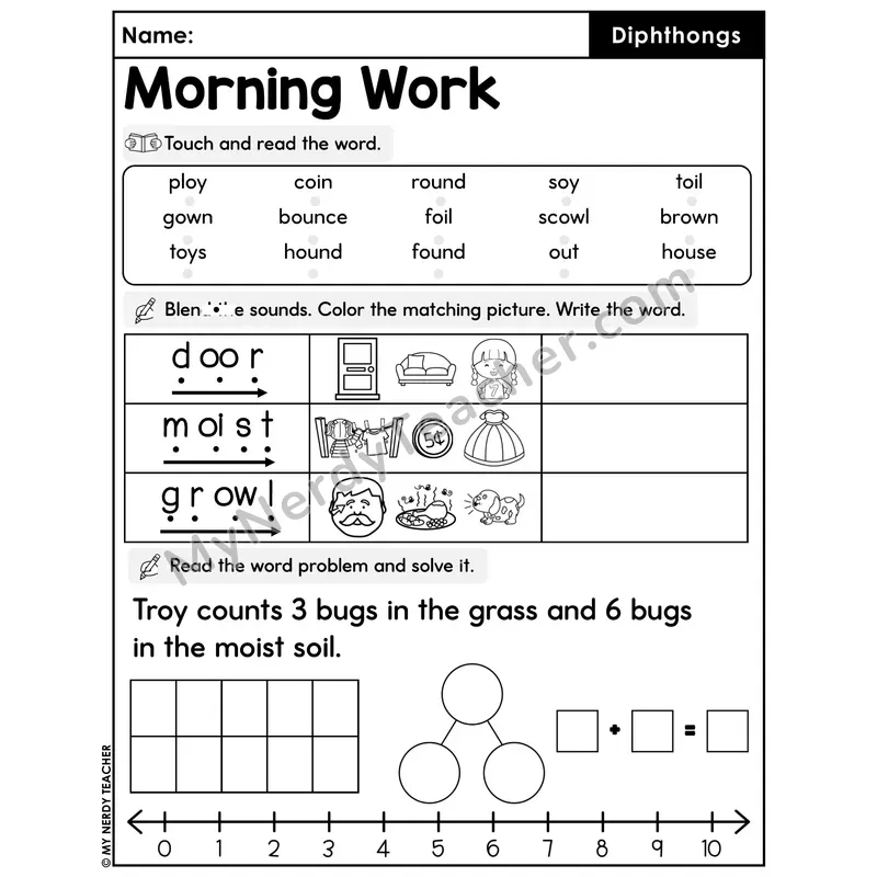 Morning Work Diphthongs - Decodable Words, Sentences and Word Problems to 10