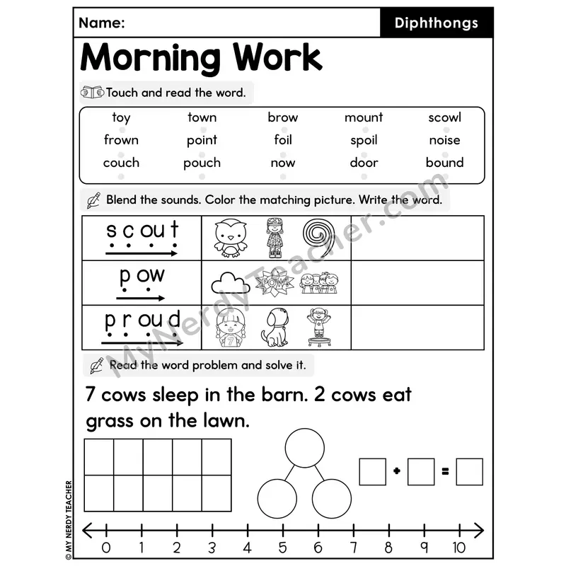 Morning Work Diphthongs - Decodable Words, Sentences and Word Problems to 10