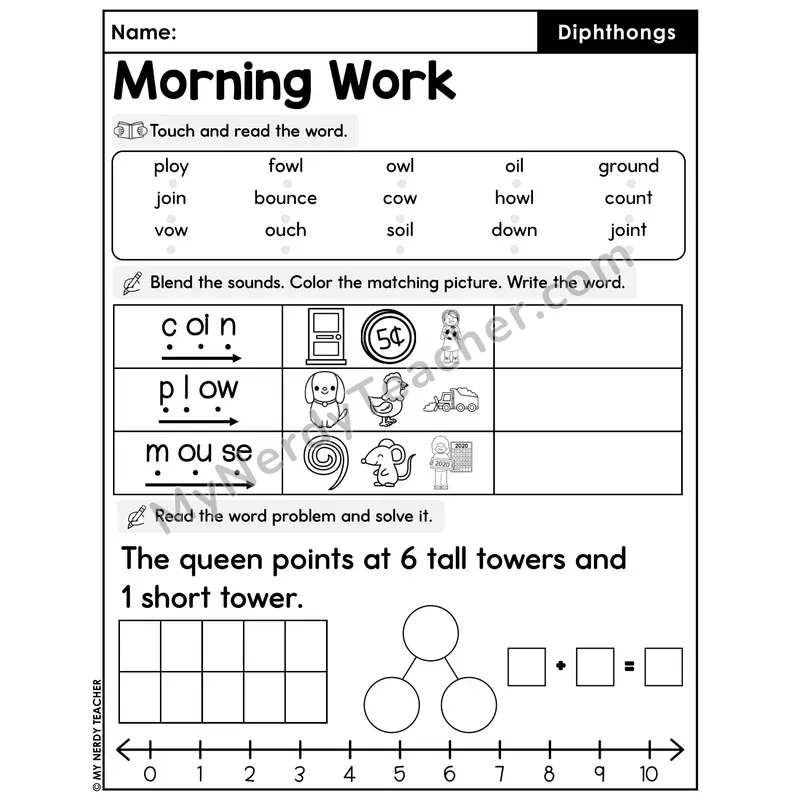 Morning Work Diphthongs - Decodable Words, Sentences and Word Problems to 10