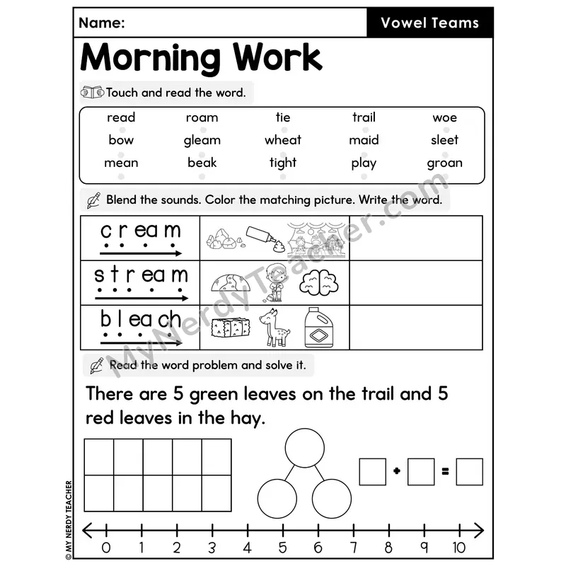 Morning Work Vowel Teams - Decodable Words, Sentences and Word Problems to 10