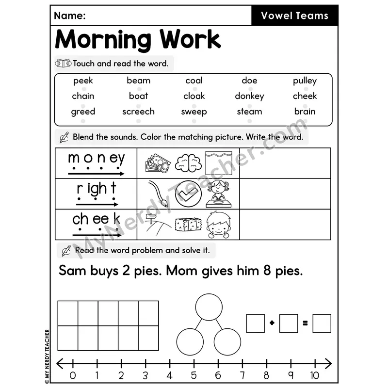 Morning Work Vowel Teams - Decodable Words, Sentences and Word Problems to 10