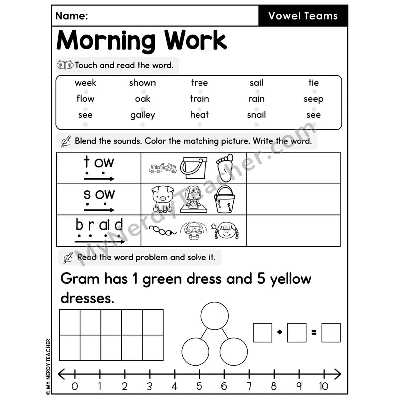 Morning Work Vowel Teams - Decodable Words, Sentences and Word Problems to 10