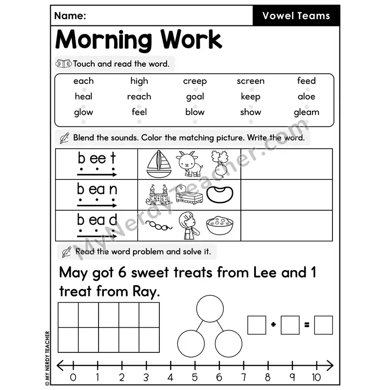 Morning Work Vowel Teams - Decodable Words, Sentences and Word Problems to 10