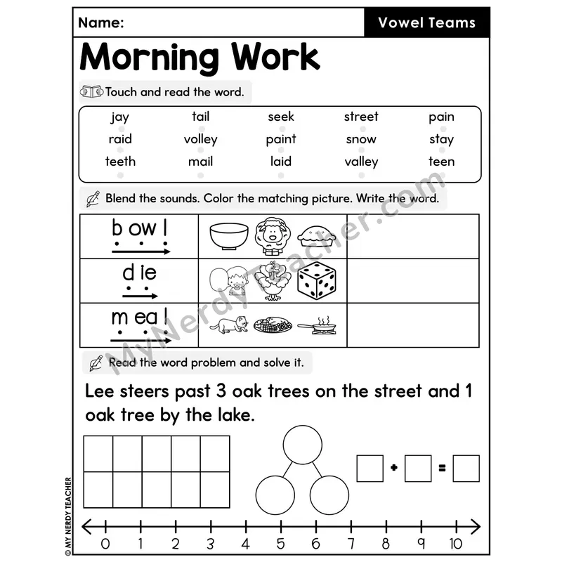 Morning Work Vowel Teams - Decodable Words, Sentences and Word Problems to 10