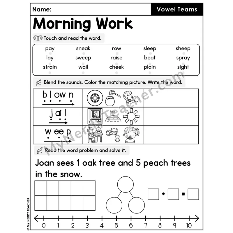 Morning Work Vowel Teams - Decodable Words, Sentences and Word Problems to 10