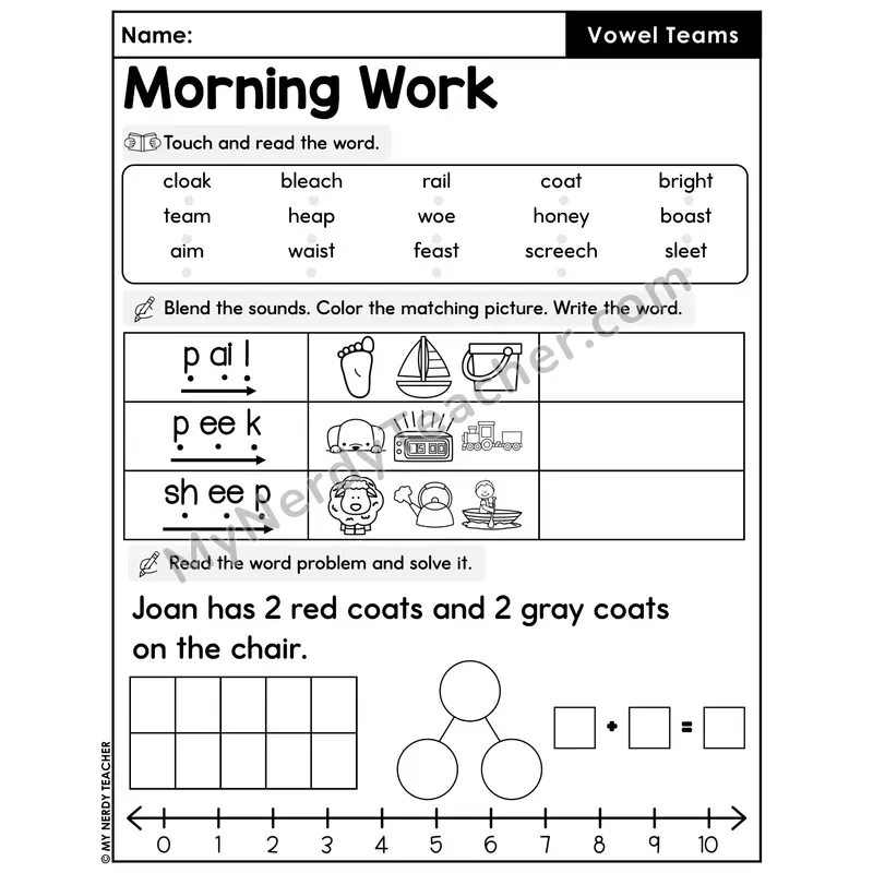 Morning Work Vowel Teams - Decodable Words, Sentences and Word Problems to 10