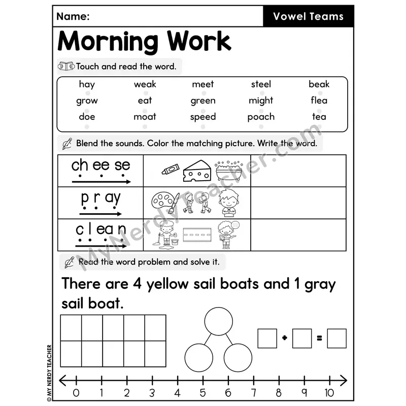 Morning Work Vowel Teams - Decodable Words, Sentences and Word Problems to 10