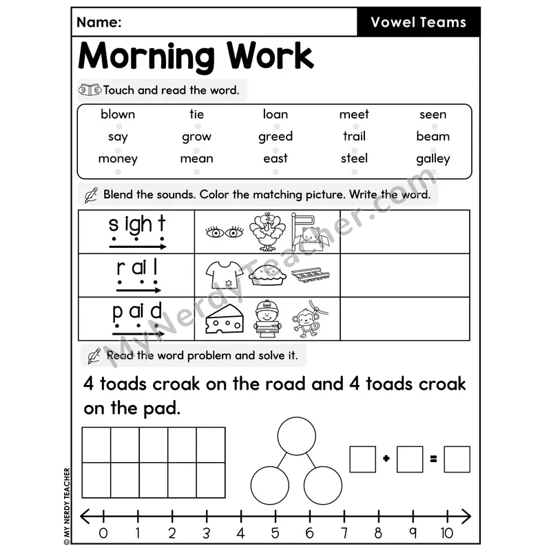 Morning Work Vowel Teams - Decodable Words, Sentences and Word Problems to 10