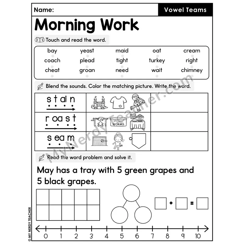 Morning Work Vowel Teams - Decodable Words, Sentences and Word Problems to 10