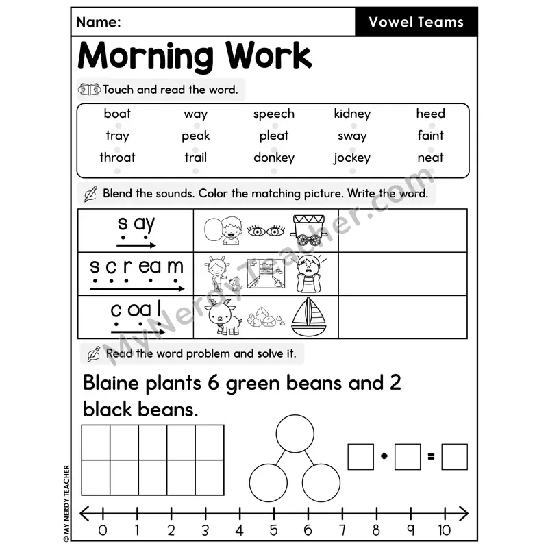 Morning Work Vowel Teams - Decodable Words, Sentences and Word Problems to 10
