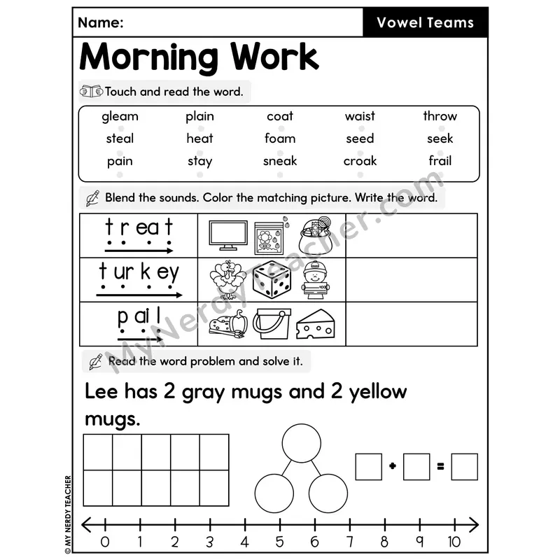 Morning Work Vowel Teams - Decodable Words, Sentences and Word Problems to 10