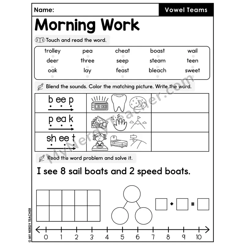 Morning Work Vowel Teams - Decodable Words, Sentences and Word Problems to 10