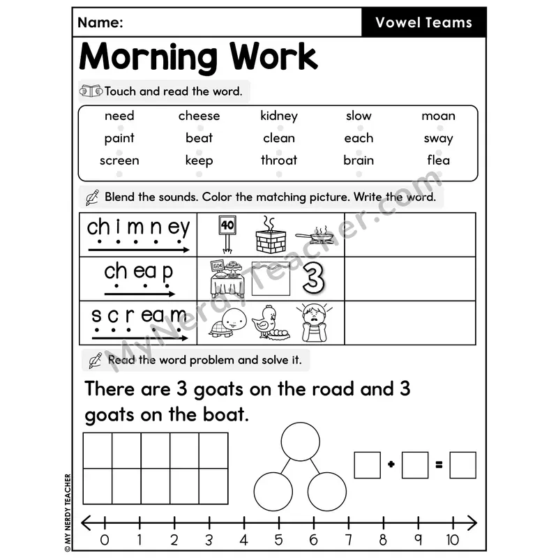 Morning Work Vowel Teams - Decodable Words, Sentences and Word Problems to 10