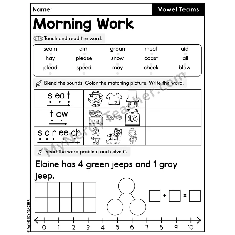 Morning Work Vowel Teams - Decodable Words, Sentences and Word Problems to 10