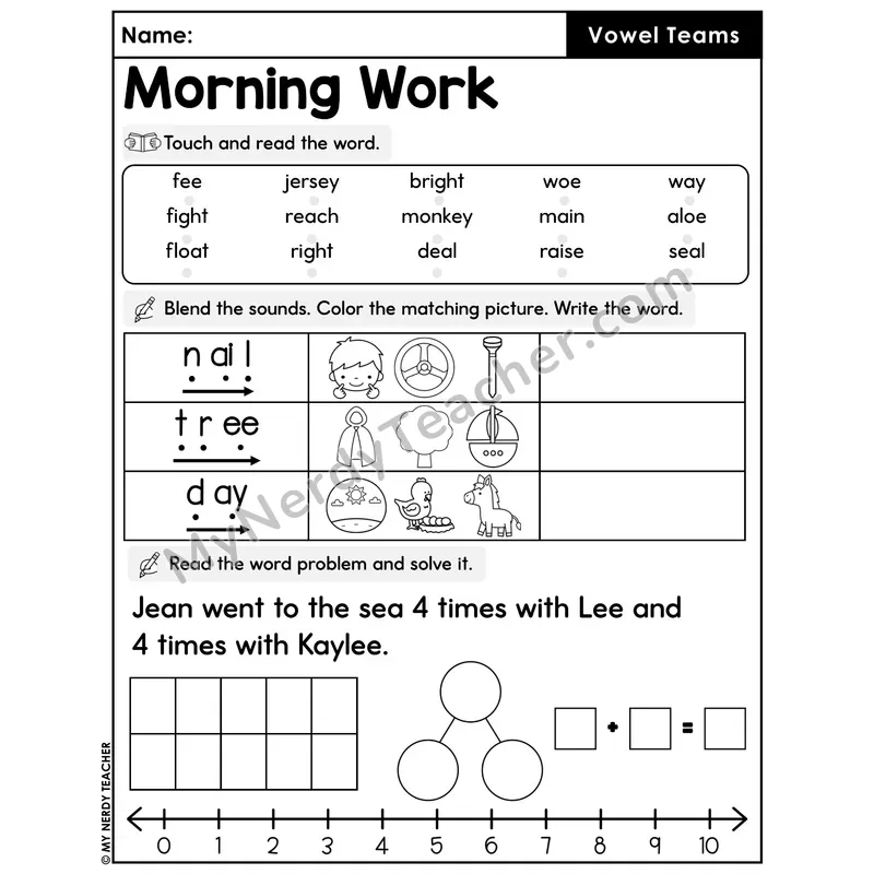 Morning Work Vowel Teams - Decodable Words, Sentences and Word Problems to 10