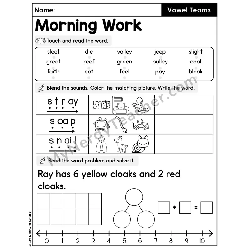 Morning Work Vowel Teams - Decodable Words, Sentences and Word Problems to 10