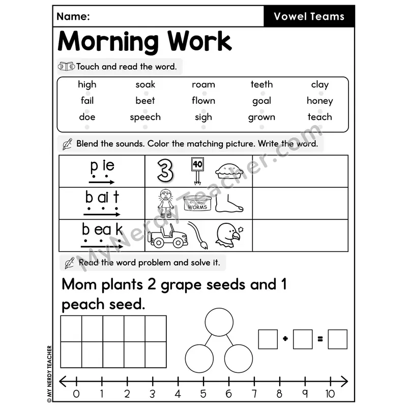 Morning Work Vowel Teams - Decodable Words, Sentences and Word Problems to 10