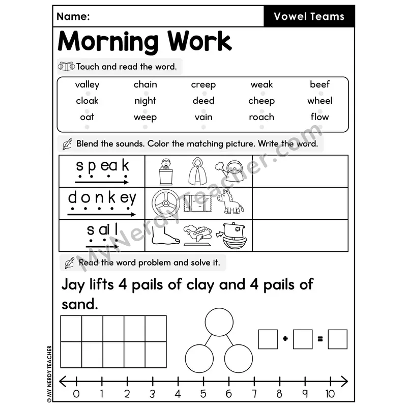 Morning Work Vowel Teams - Decodable Words, Sentences and Word Problems to 10