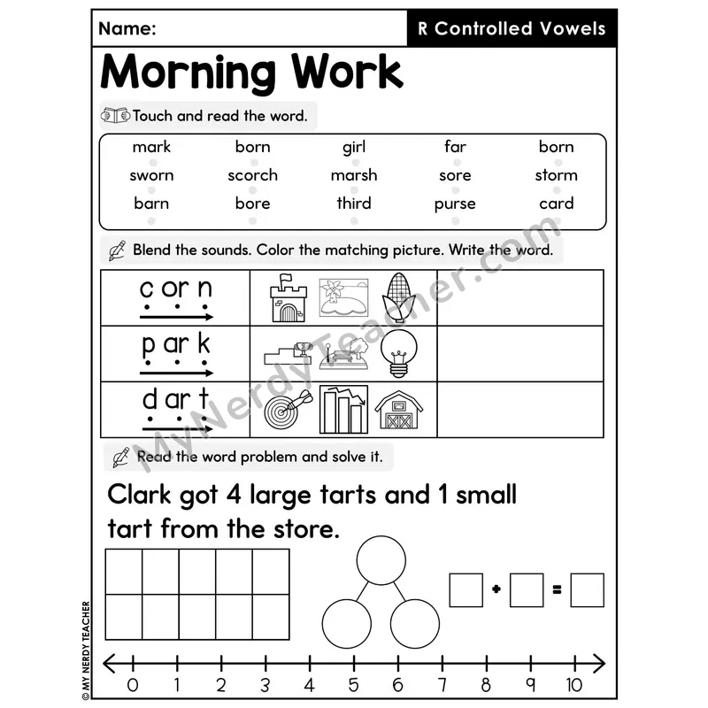 Morning Work R-Controlled Vowels - Decodable Words, Sentences and Word Problems to 10