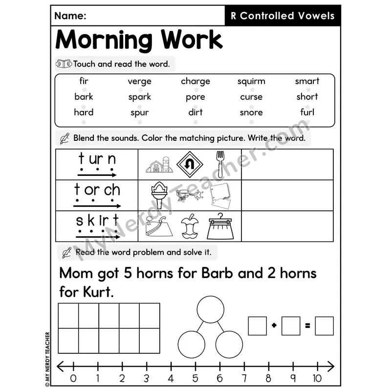 Morning Work R-Controlled Vowels - Decodable Words, Sentences and Word Problems to 10