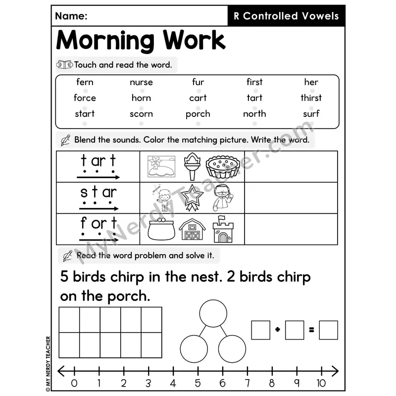 Morning Work R-Controlled Vowels - Decodable Words, Sentences and Word Problems to 10