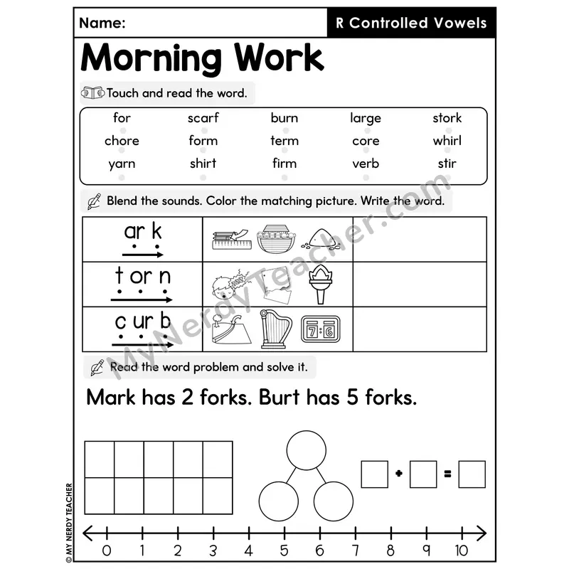 Morning Work R-Controlled Vowels - Decodable Words, Sentences and Word Problems to 10