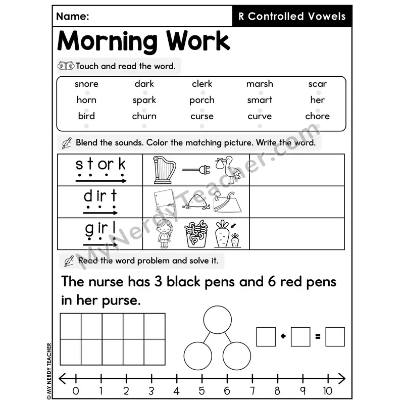 Morning Work R-Controlled Vowels - Decodable Words, Sentences and Word Problems to 10