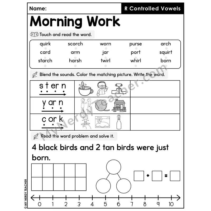 Morning Work R-Controlled Vowels - Decodable Words, Sentences and Word Problems to 10