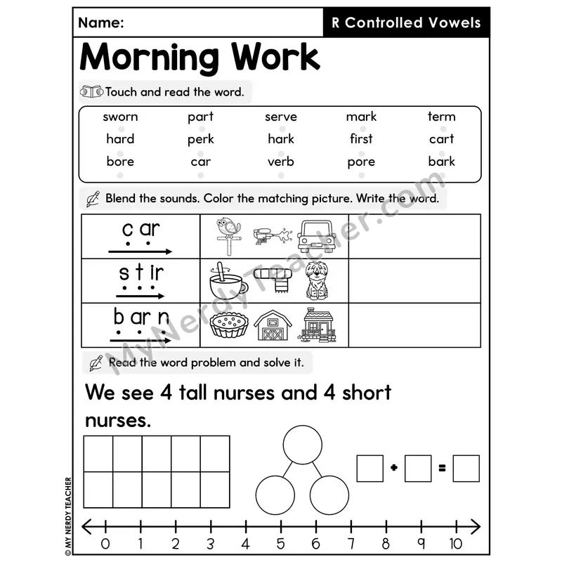 Morning Work R-Controlled Vowels - Decodable Words, Sentences and Word Problems to 10
