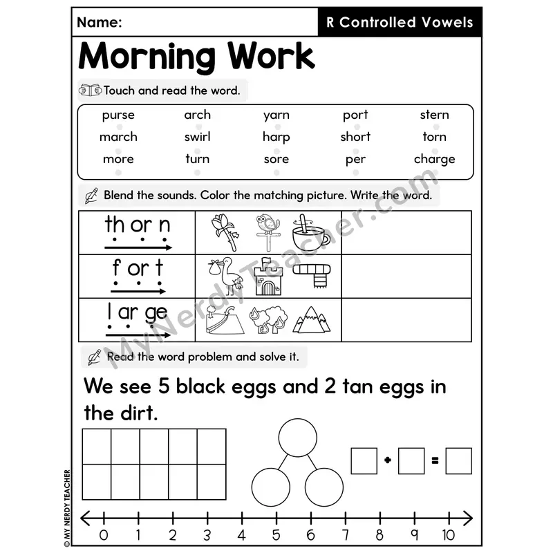 Morning Work R-Controlled Vowels - Decodable Words, Sentences and Word Problems to 10