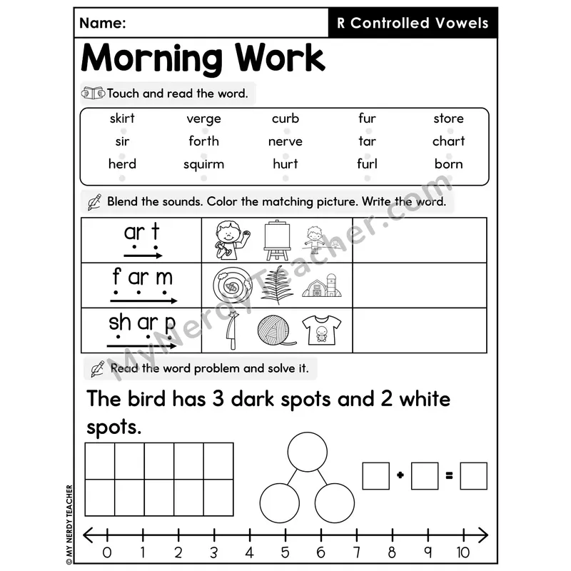 Morning Work R-Controlled Vowels - Decodable Words, Sentences and Word Problems to 10