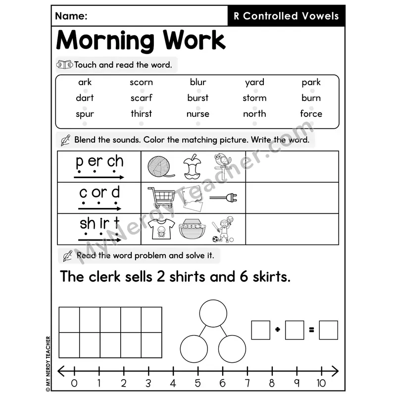 Morning Work R-Controlled Vowels - Decodable Words, Sentences and Word Problems to 10