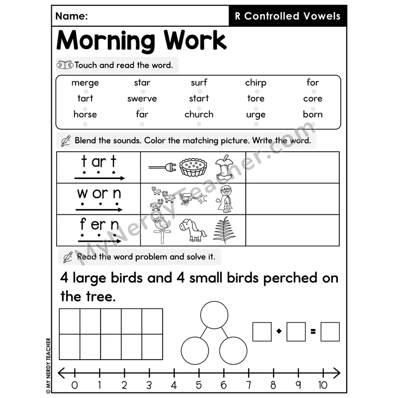 Morning Work R-Controlled Vowels - Decodable Words, Sentences and Word Problems to 10