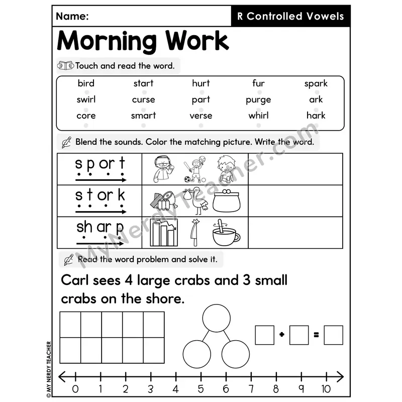 Morning Work R-Controlled Vowels - Decodable Words, Sentences and Word Problems to 10