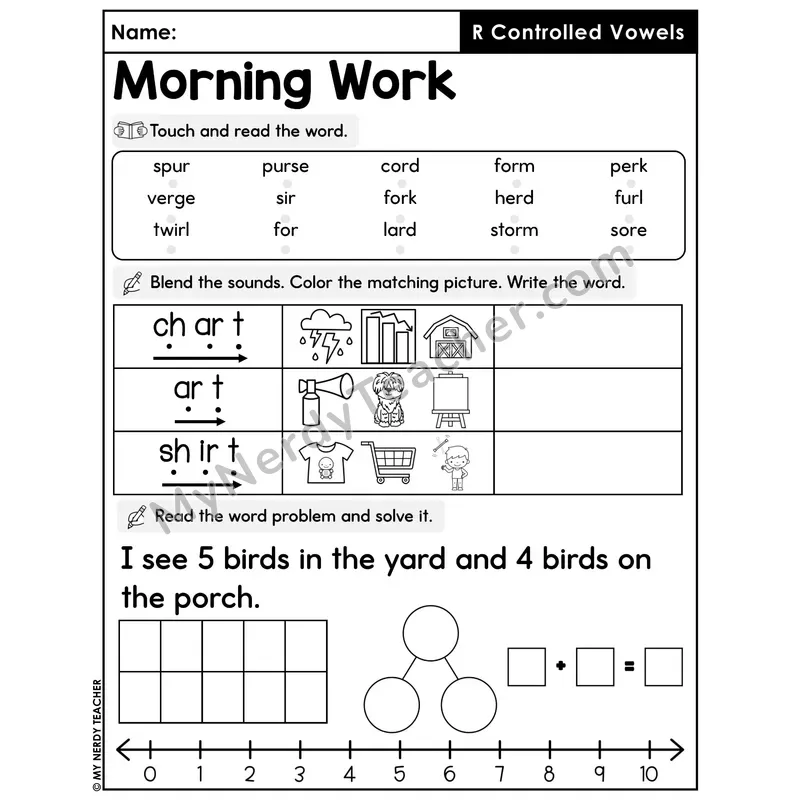 Morning Work R-Controlled Vowels - Decodable Words, Sentences and Word Problems to 10
