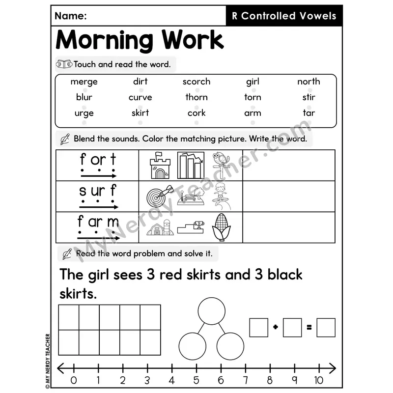 Morning Work R-Controlled Vowels - Decodable Words, Sentences and Word Problems to 10