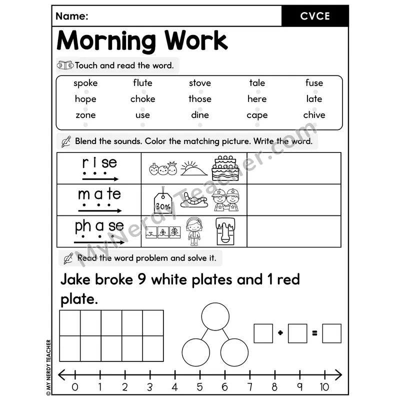 Morning Work CVCe Words - Decodable Words, Sentences and Word Problems to 10