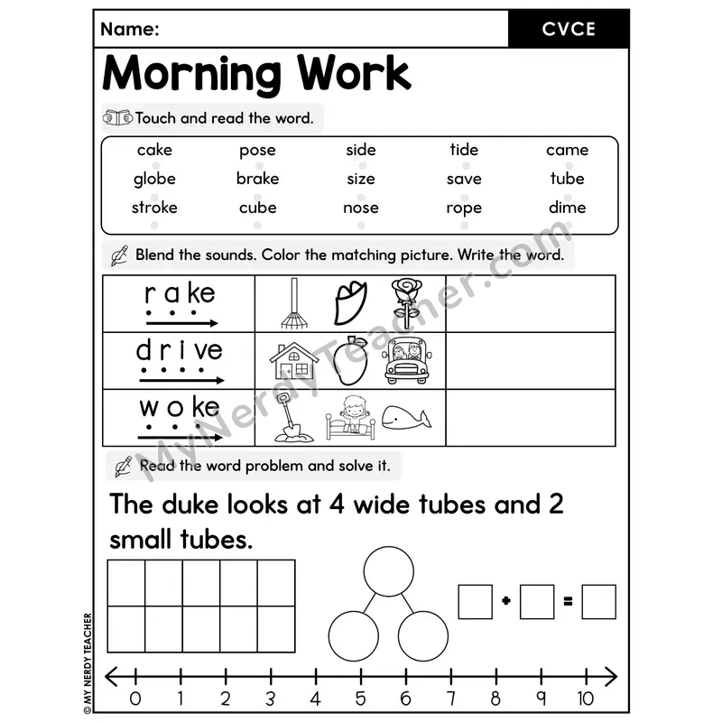 Morning Work CVCe Words - Decodable Words, Sentences and Word Problems to 10