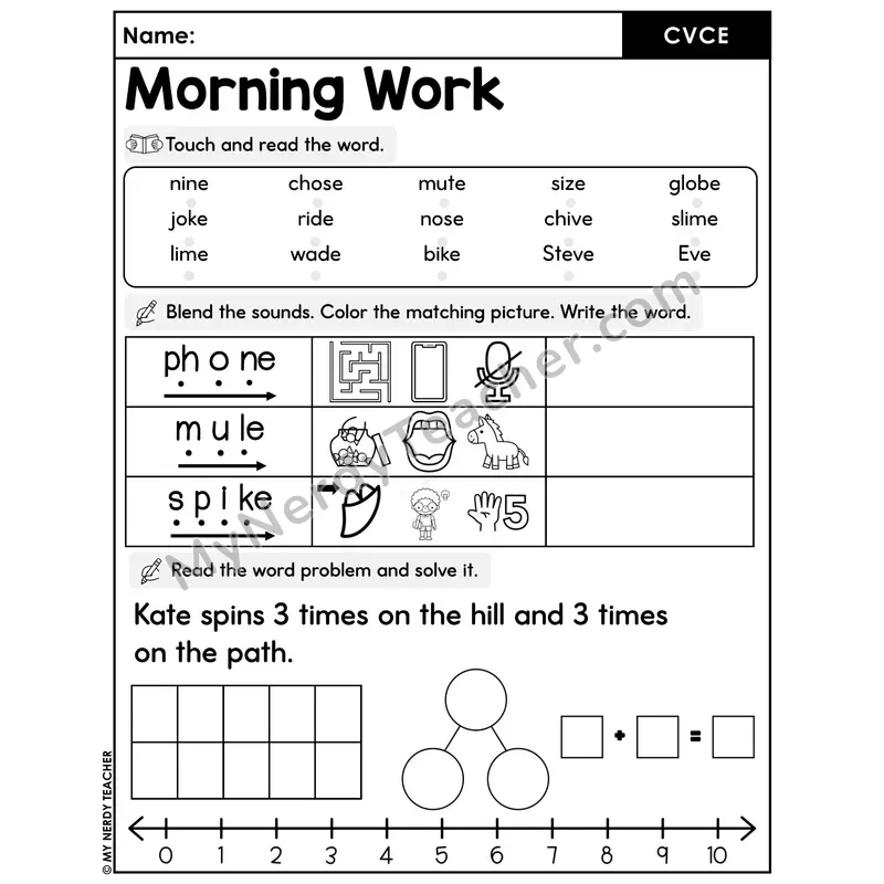 Morning Work CVCe Words - Decodable Words, Sentences and Word Problems to 10