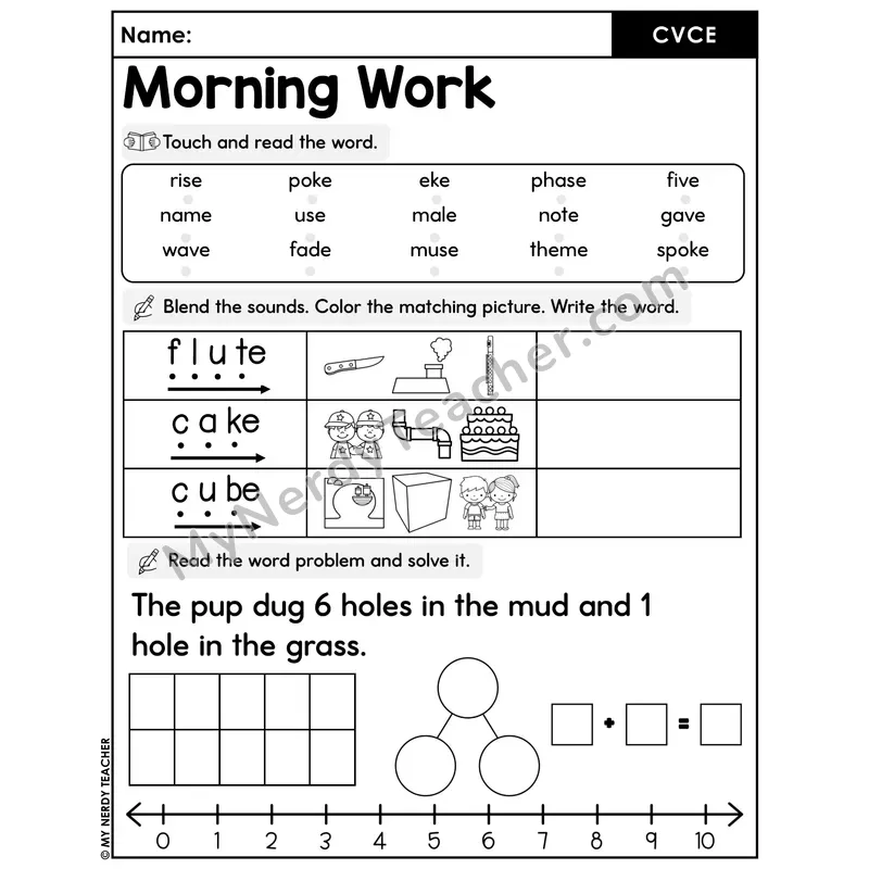 Morning Work CVCe Words - Decodable Words, Sentences and Word Problems to 10