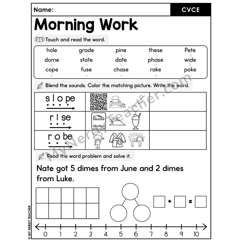 Morning Work CVCe Words - Decodable Words, Sentences and Word Problems to 10