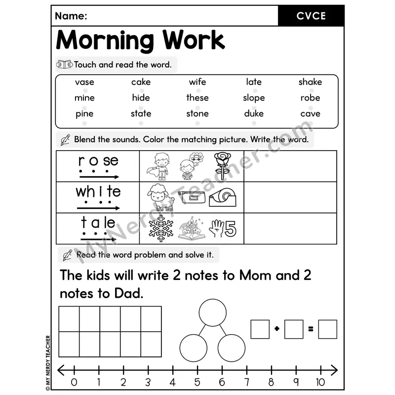 Morning Work CVCe Words - Decodable Words, Sentences and Word Problems to 10